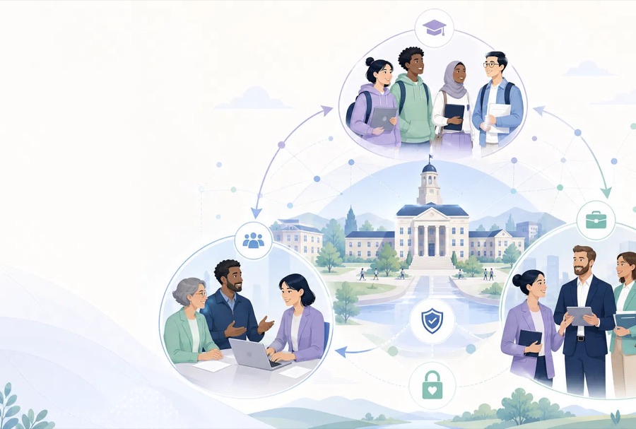 A network diagram centered on a campus building, connecting groups of students, career center staff, and employers, representing WOWConnect's campus-to-local ecosystem.