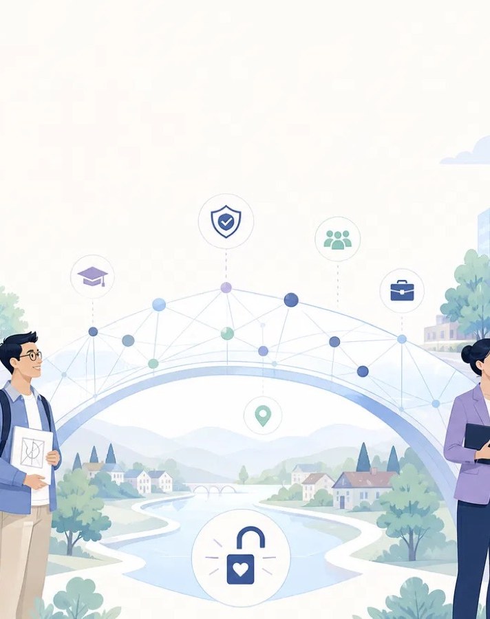 A student and an employer meet at a bridge connecting campus to a local town, representing WOWConnect's path from campus talent to local opportunity.