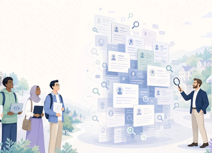 Three students stand before a wall of searchable candidate profile cards while an employer reviews them with a magnifying glass, representing structured, filterable student data.